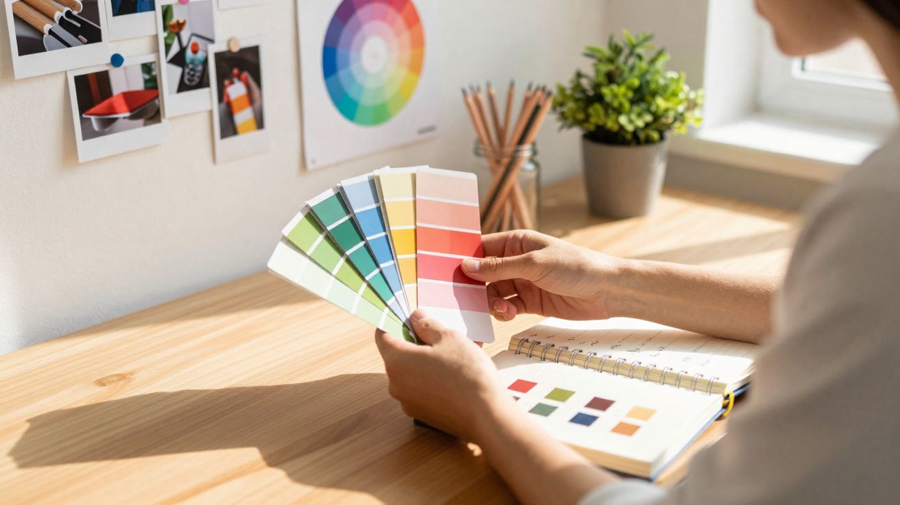 Pessoa a segurar amostras de cores junto a caderno com paletas de tintas numa mesa de madeira iluminada.