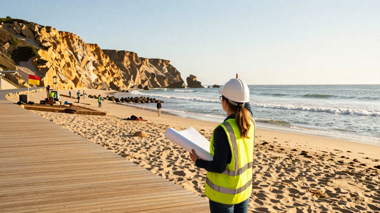 Mulher com capacete e colete de segurança observa planos na praia junto a falésias ao pôr do sol.
