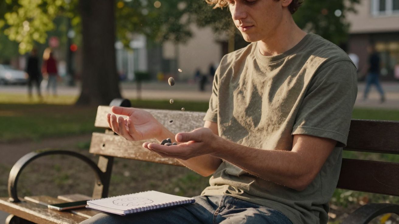 Homem sentado num banco de parque a jogar pedras pequenas com as mãos, ao lado um caderno e telemóvel.