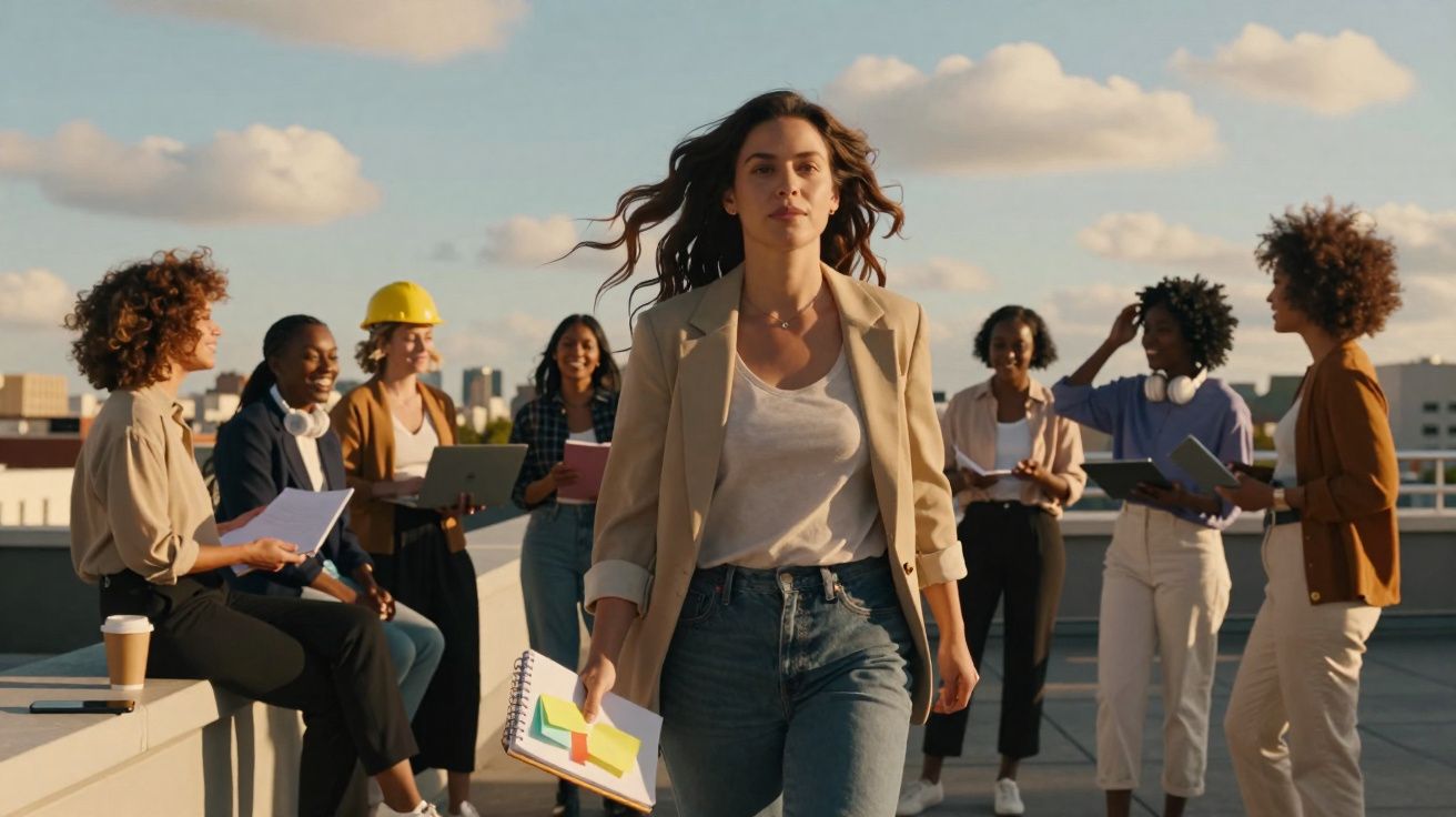 Mulher confiante caminha com bloco de notas, grupo diverso discute em telhado ao fundo sob céu com nuvens.