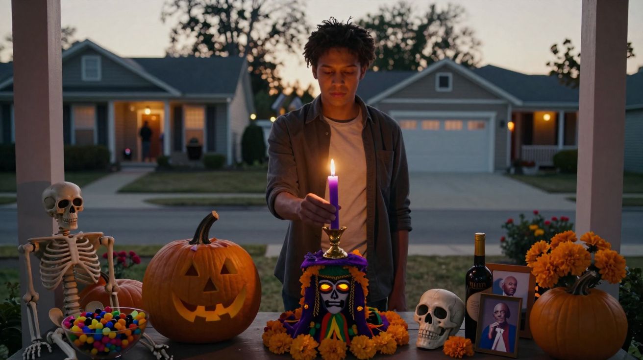 Jovem acende vela em altar de Halloween com abóboras, caveiras, doces e flores num ambiente noturno suburbano.