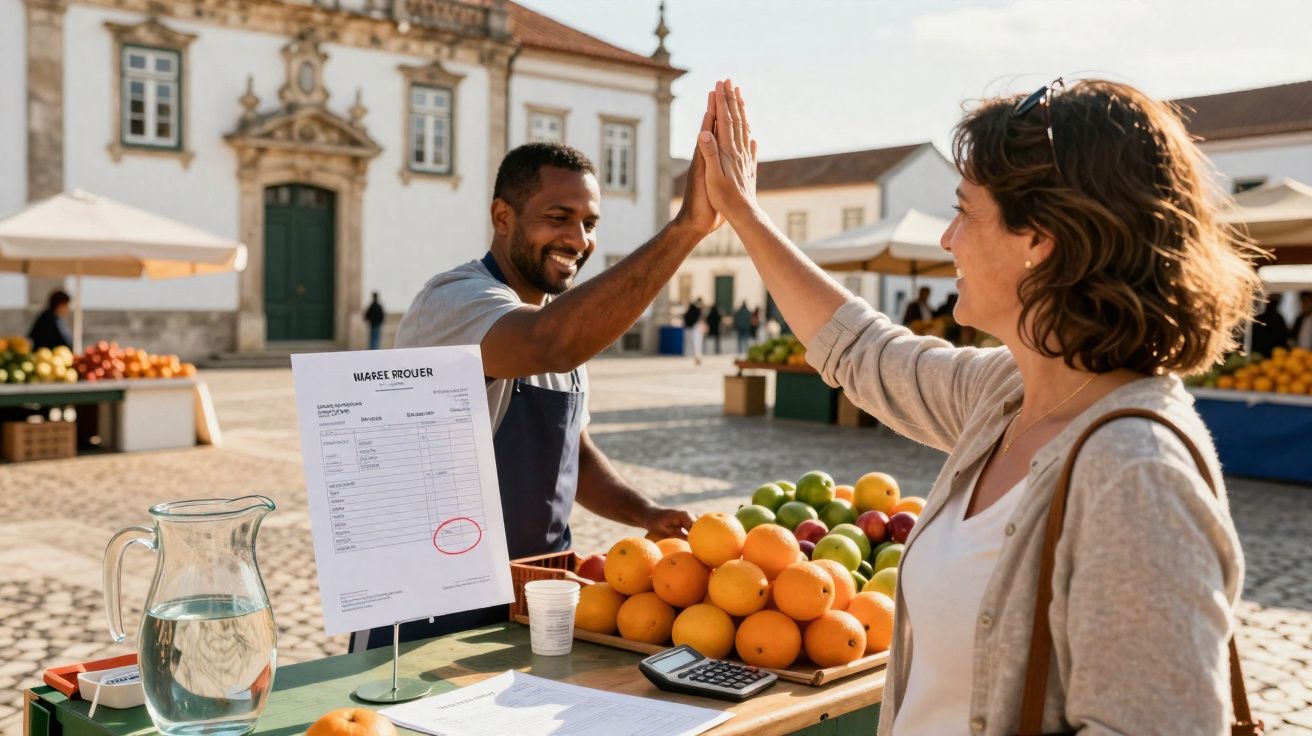 Cliente e vendedor a cumprimentar-se com um toque de mão num mercado ao ar livre com frutas na banca.