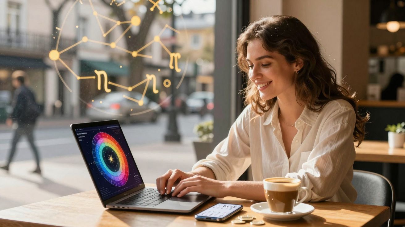 Mulher sorridente trabalha em portátil num café com gráficos coloridos e símbolos matemáticos flutuantes.