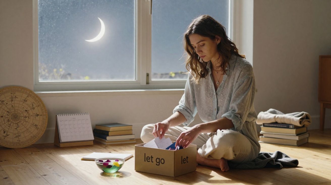 Mulher sentada no chão junto a uma caixa com inscrição "let go", a olhar para papéis à luz do luar.