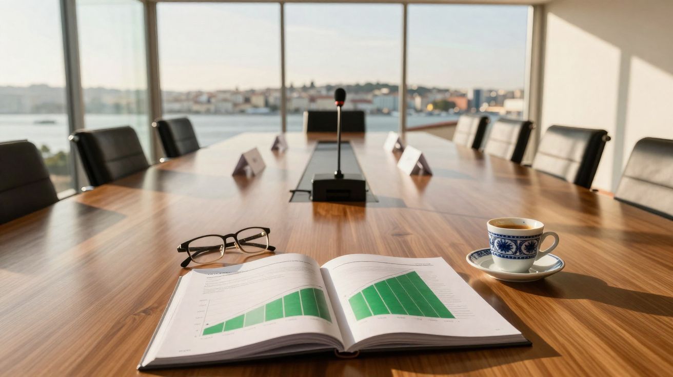 Sala de reuniões com mesa de madeira, gráfico aberto, óculos, chávena e microfone, vista para a cidade e rio.