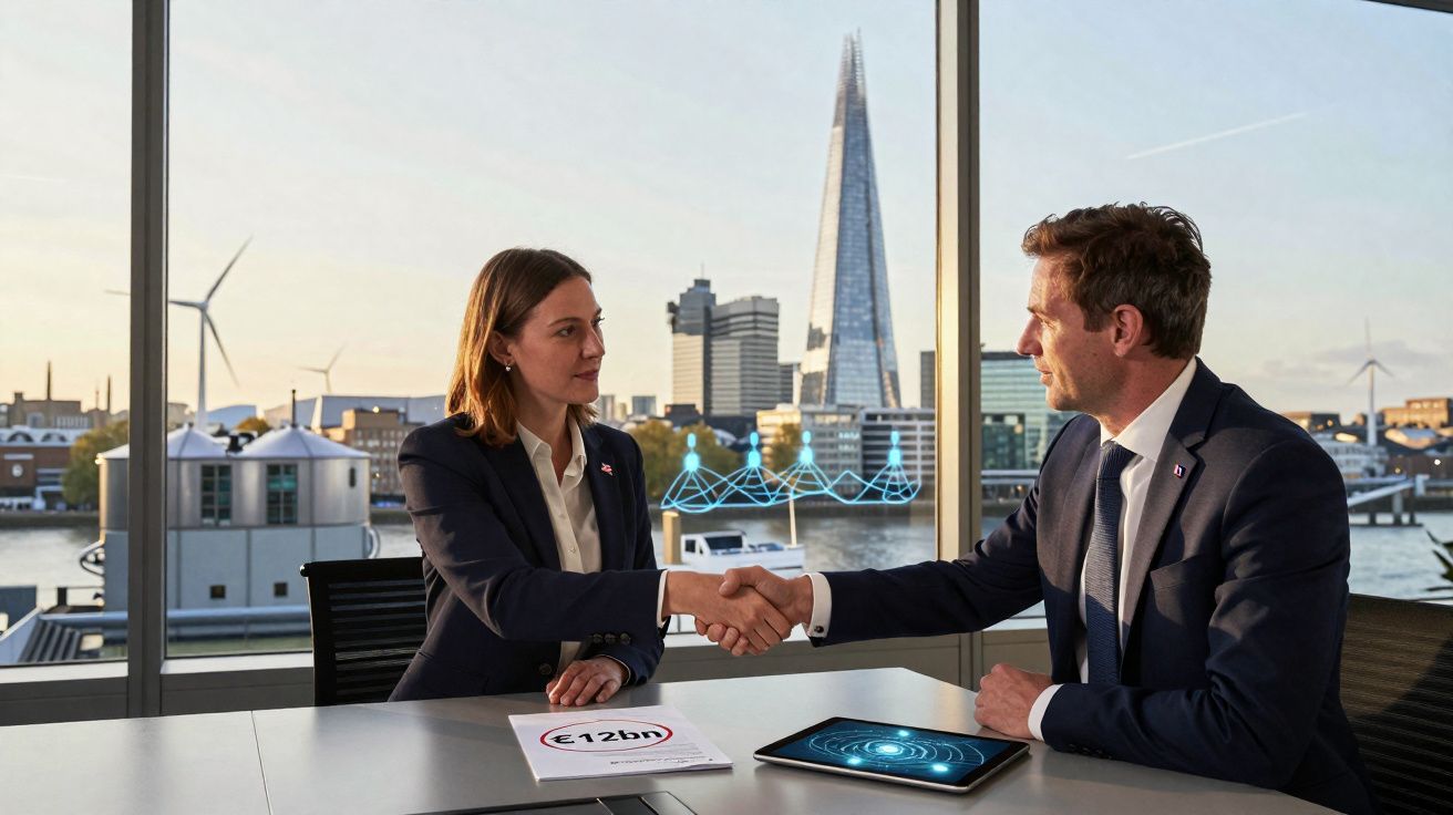 Dois profissionais de negócios vestidos formalmente a apertar mãos numa sala com vista para a cidade.
