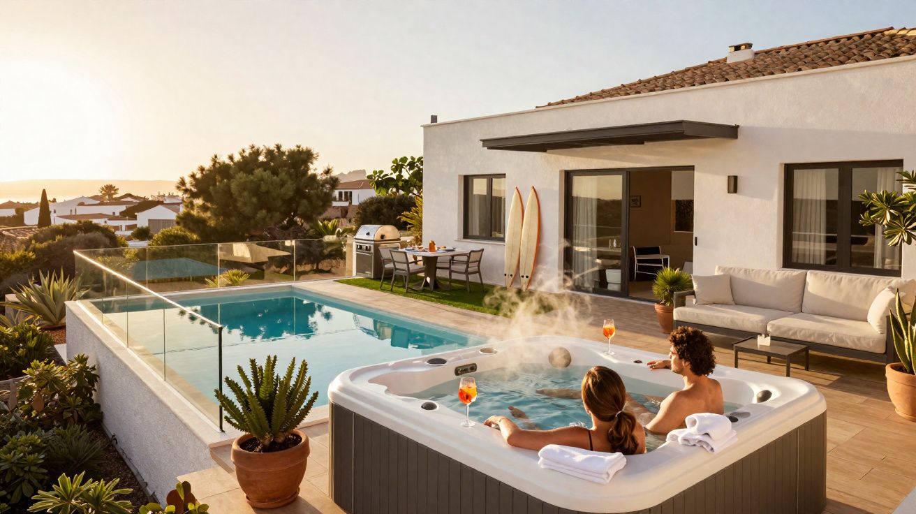 Casal relaxa numa banheira de hidromassagem numa varanda com piscina e vista para casas ao pôr do sol.