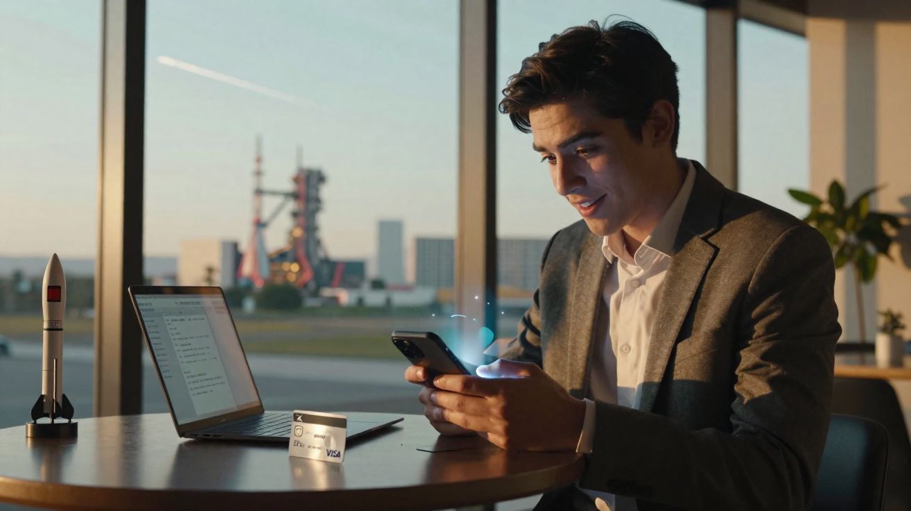 Homem a usar telemóvel sentado numa mesa com portátil, cartão Visa e miniatura de foguetão.