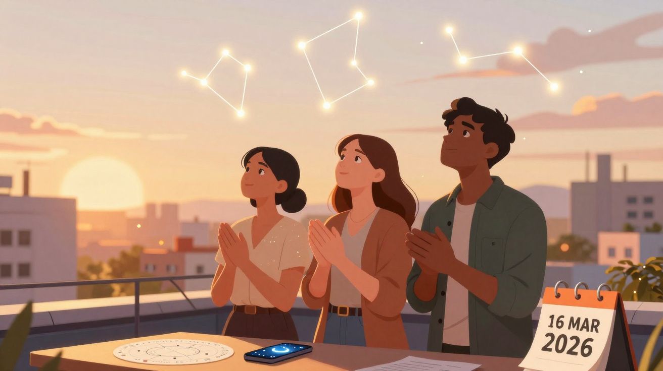 Três pessoas observam constelações ao pôr do sol numa varanda com materiais de astrologia e calendário de 16 mar 2026.