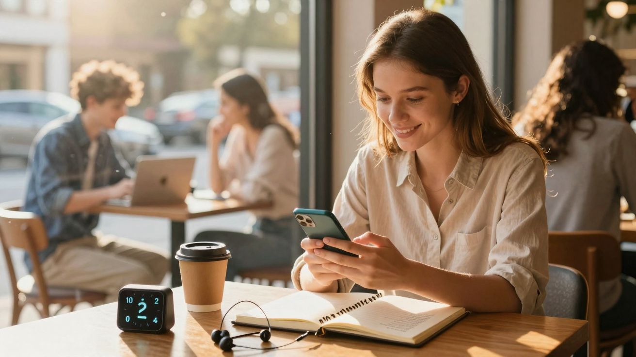 Jovem sorridente a usar telemóvel numa mesa de café, com caderno aberto, auscultadores e chávena de café.