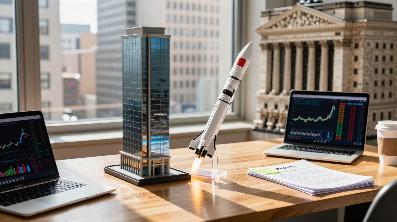 Mesa de escritório com maquetas de edifício e foguetão entre dois portáteis com gráficos financeiros.