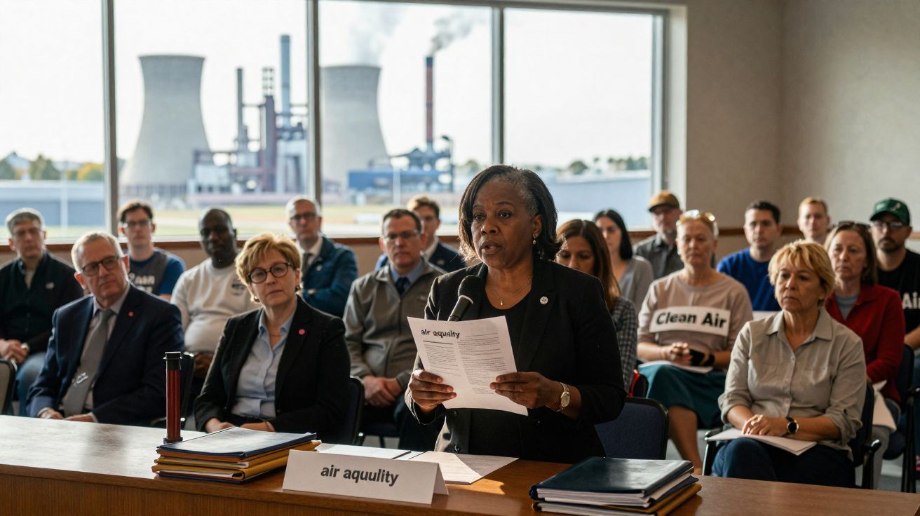 Mulher negra apresenta relatório numa audiência sobre qualidade do ar com audiência e chaminés industriais ao fundo.