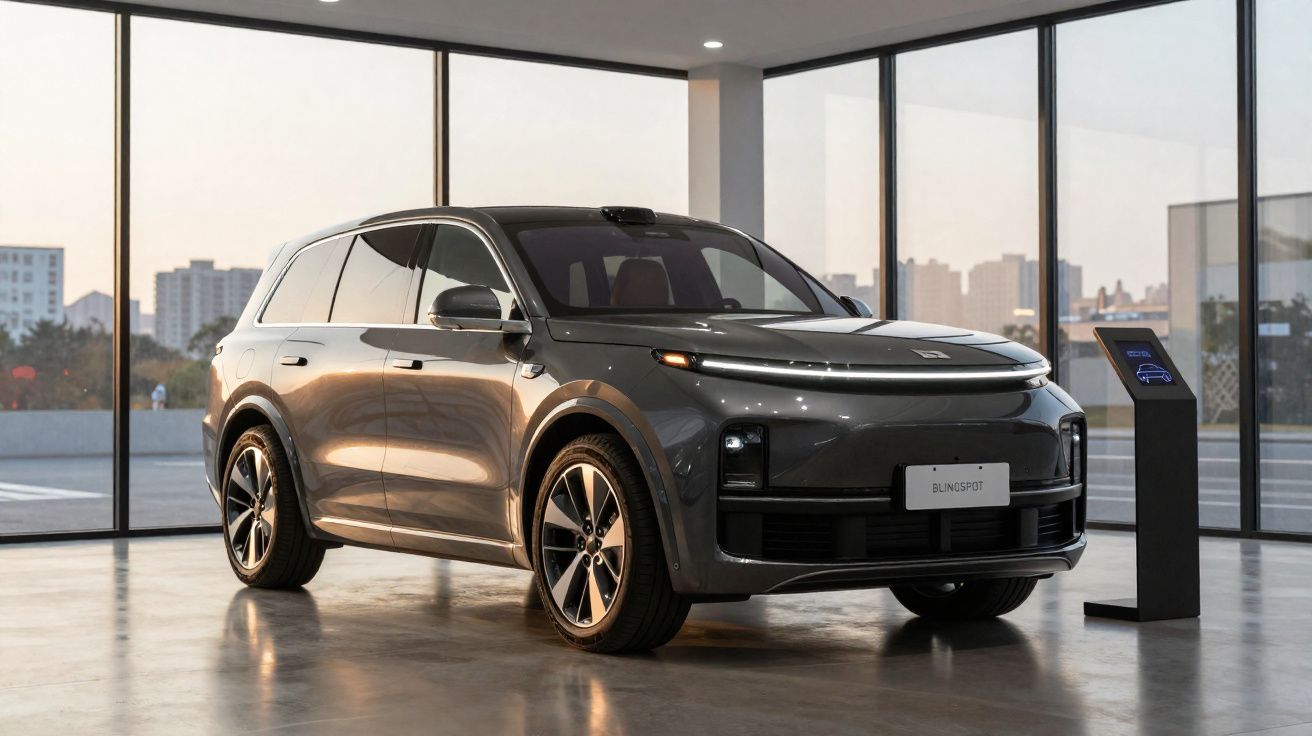 Carro elétrico cinza estacionado em showroom moderno com janelas de vidro e pedestal digital ao lado.