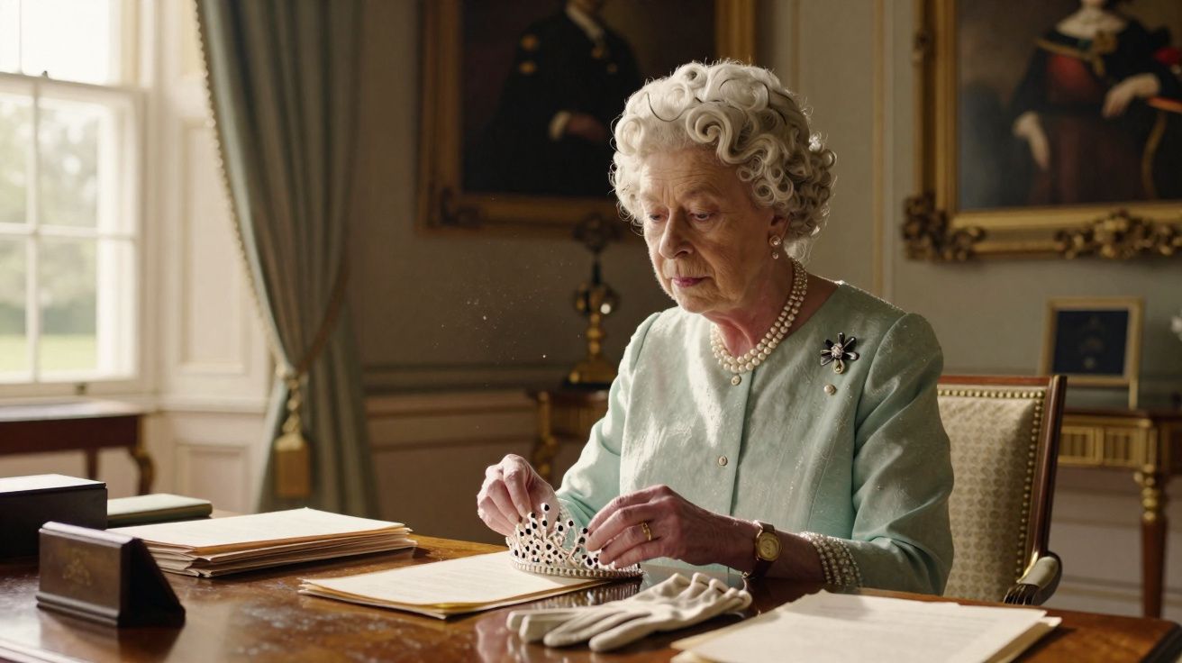 Mulher idosa vestida formalmente sentada a uma secretária segurando uma coroa num ambiente clássico.