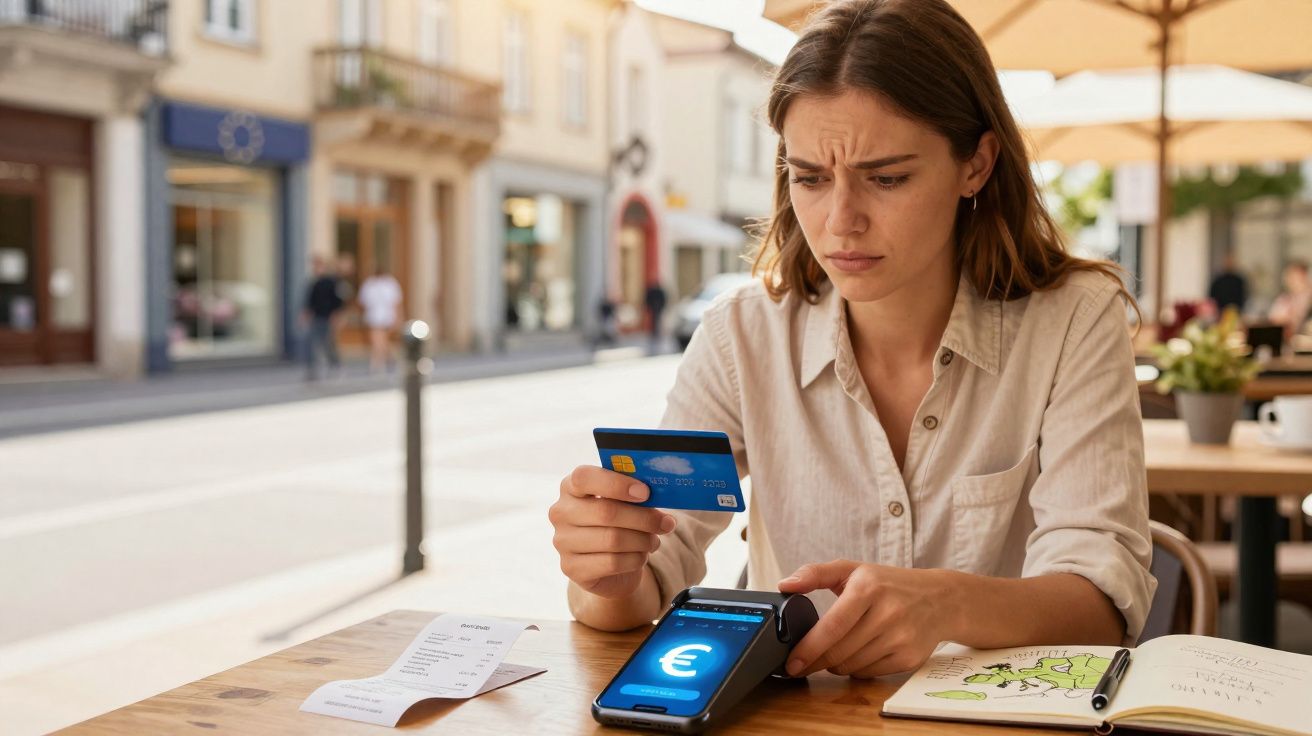 Mulher preocupada a tentar efetuar pagamento com cartão num café ao ar livre.