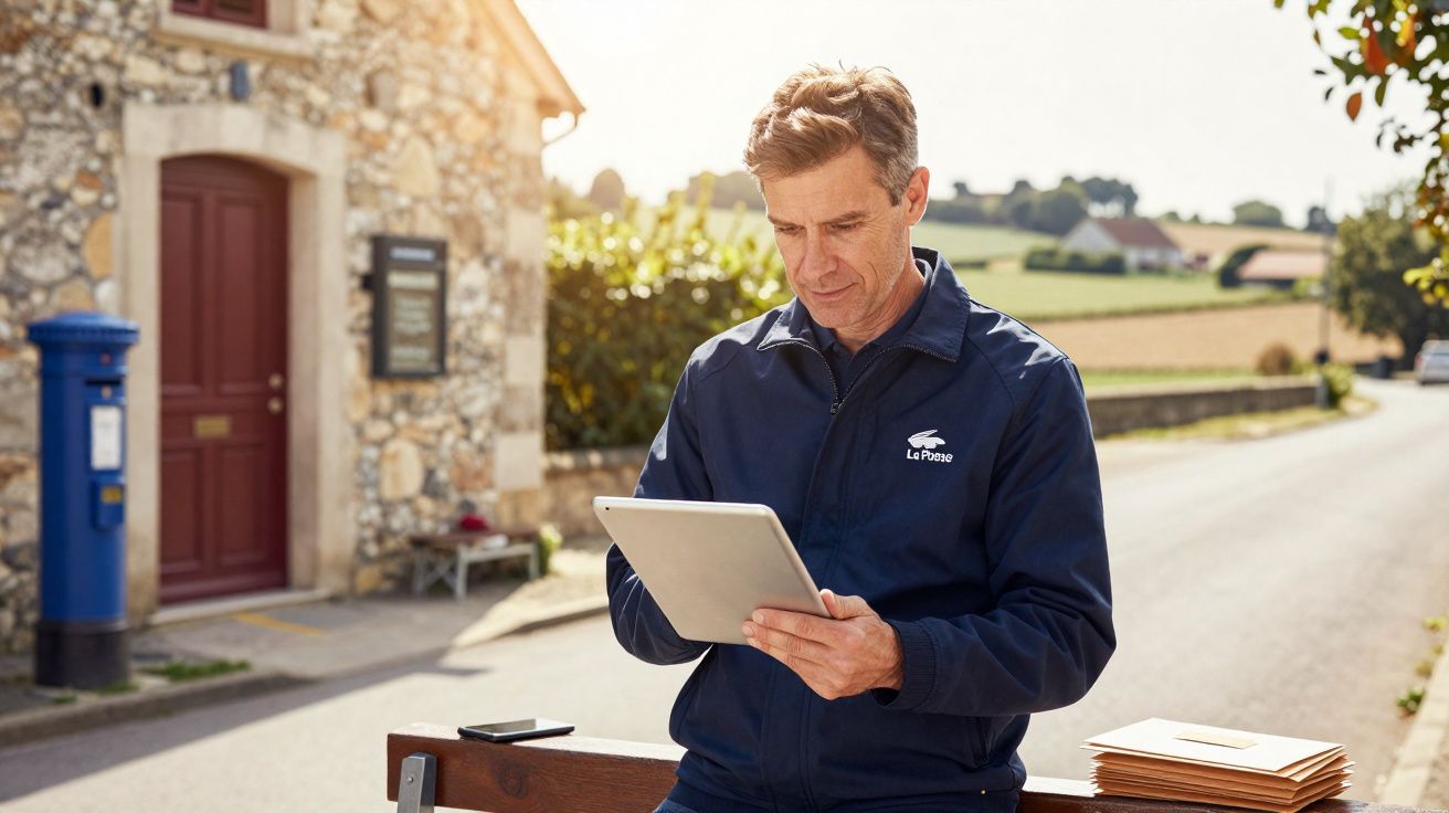Carteiro a consultar tablet sentado junto a caixa de correio azul numa aldeia rural.