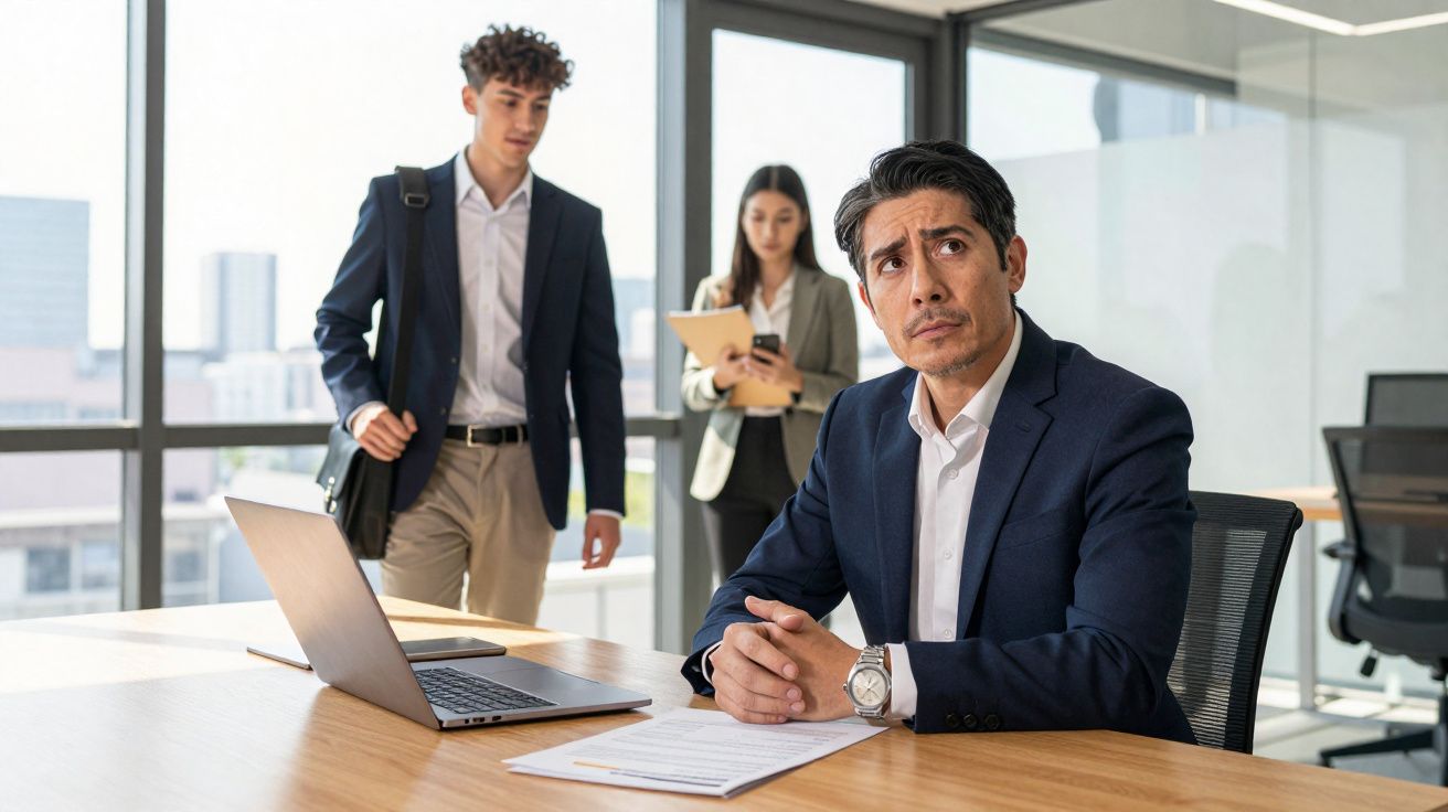 Homem sério sentado à mesa com portátil e documentos, dois colegas aproximam-se numa sala de escritório moderna.