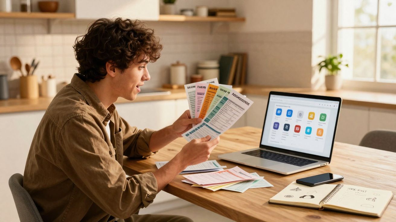 Homem sentado à mesa com papéis coloridos na mão, computador portátil aberto e caderno à sua frente.