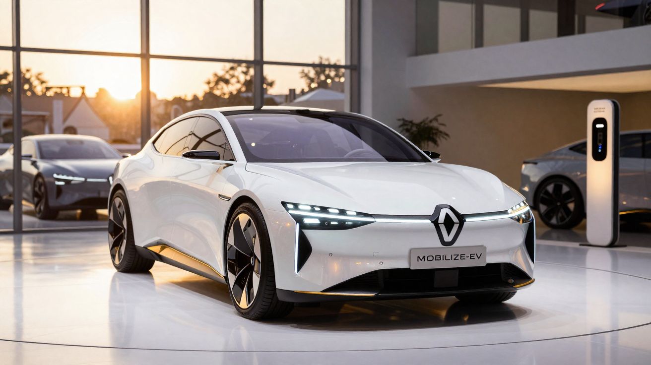 Carro elétrico branco Renault Mobilize-EV numa exposição moderna com iluminação suave ao pôr do sol.