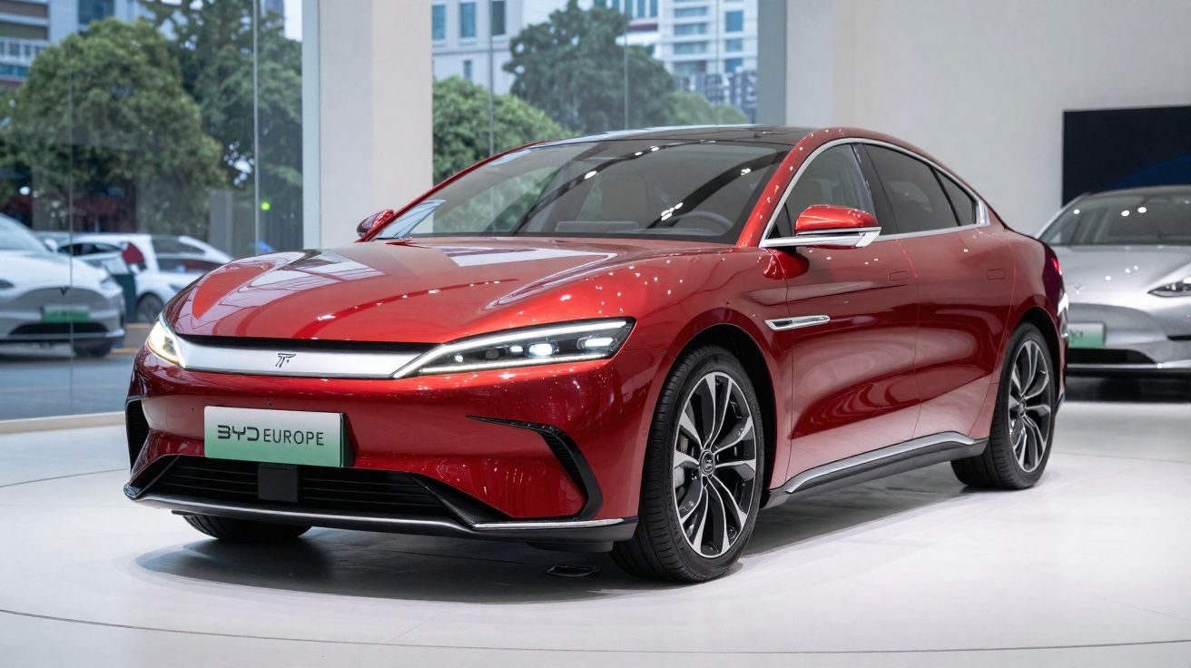 Carro elétrico desportivo vermelho apresentado em salão automóvel, ambiente moderno e iluminado.