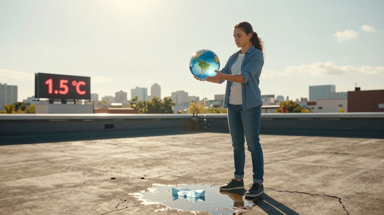Mulher segurando globo terrestre com água a escorrer, ao lado painel digital a mostrar 1.5°C, cidade ao fundo.
