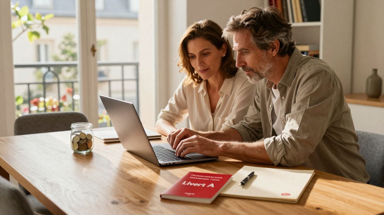 Casal adulto a usar computador portátil numa mesa com livro sobre finanças pessoais e frasco com moedas.