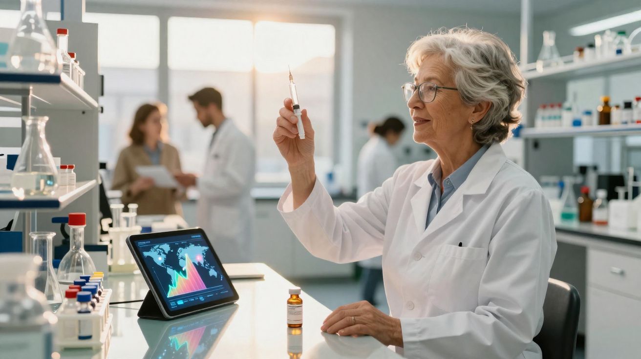 Cientista idosa com bata branca segura seringa em laboratório moderno com equipamentos e colegas ao fundo.