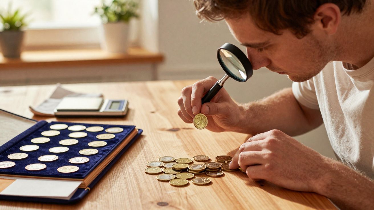 Homem examina moeda com lupa, com coleção de moedas organizada numa mesa de madeira.