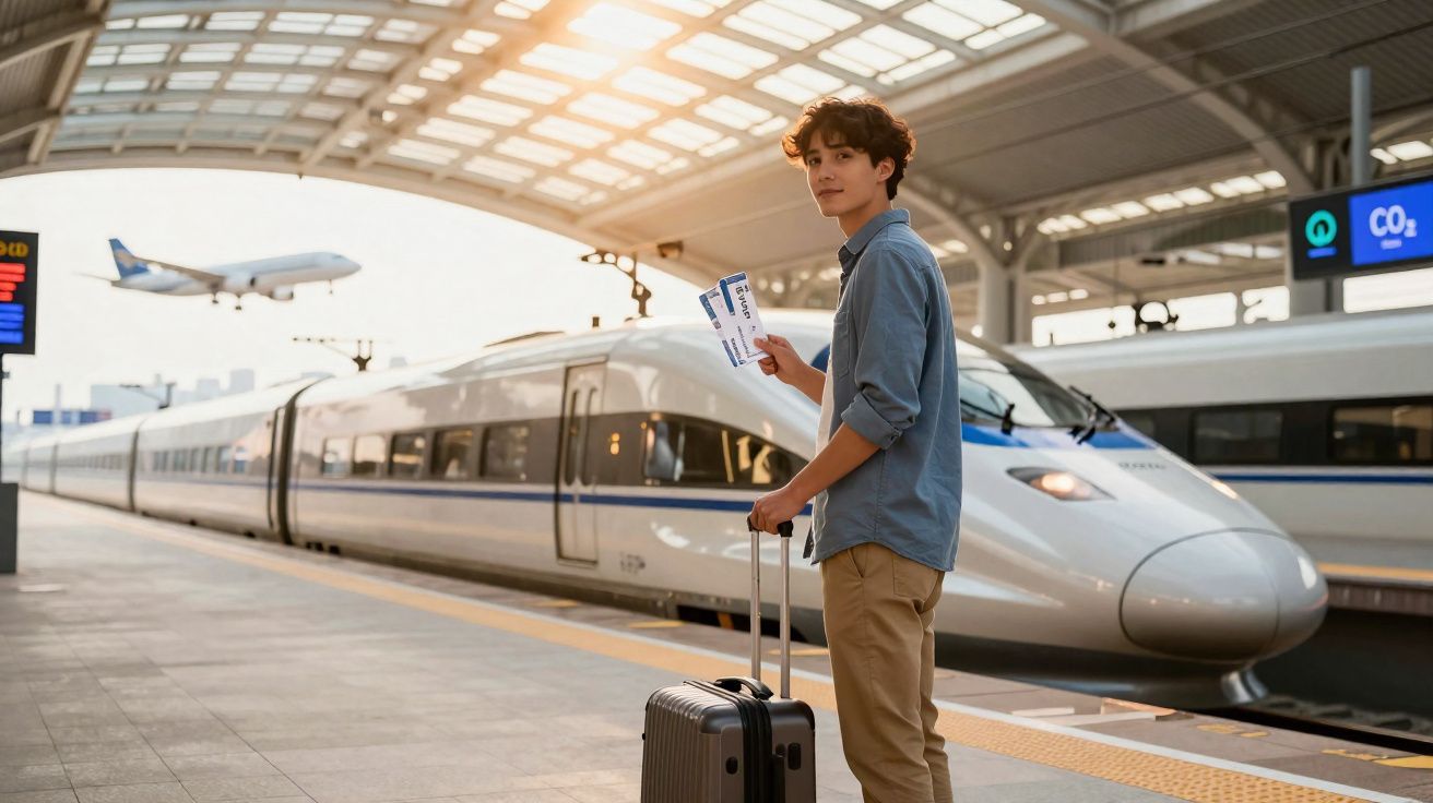 Jovem com mala e bilhete de comboio numa estação moderna, com comboio e avião ao fundo.