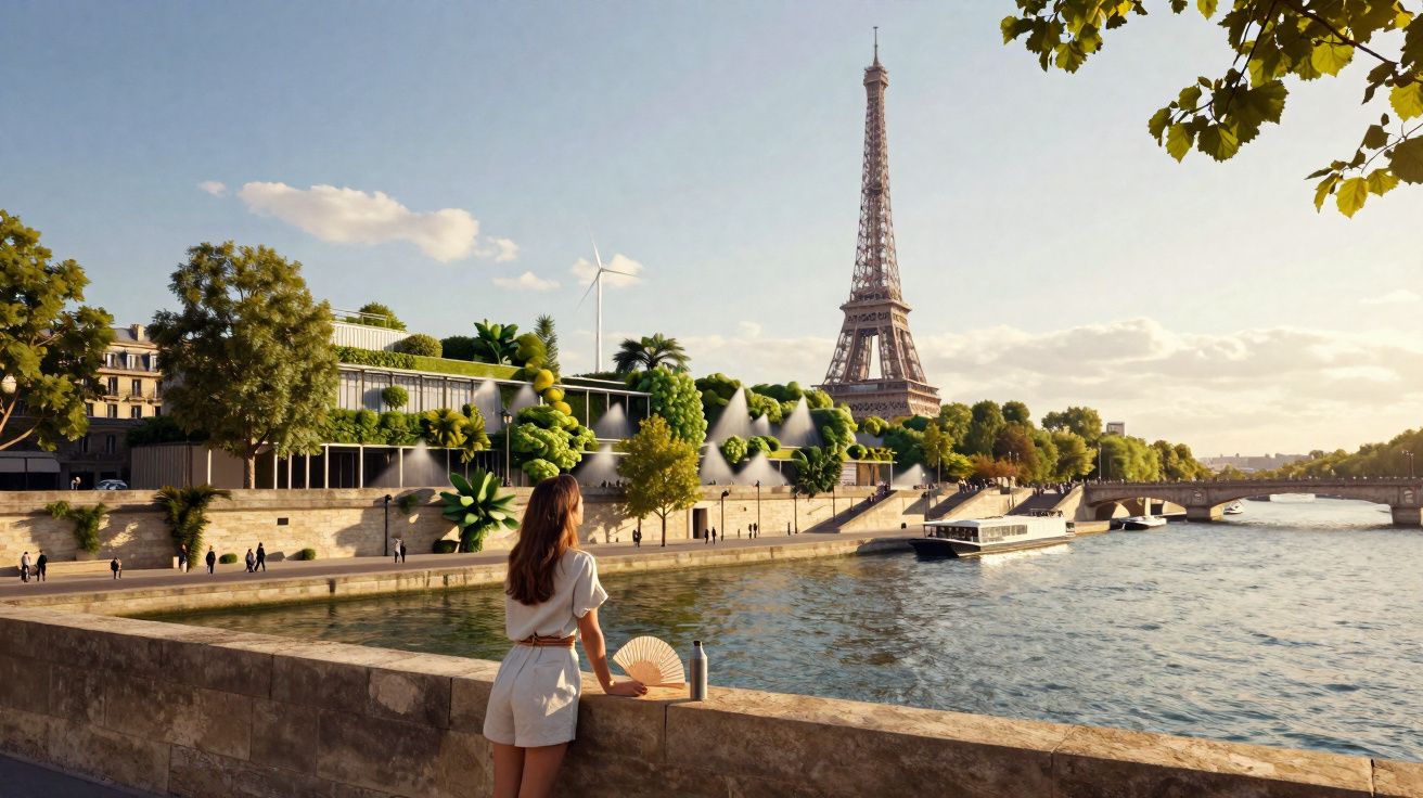 Mulher de costas olha para a Torre Eiffel e rio Sena em dia ensolarado com árvores e barcos ao fundo.