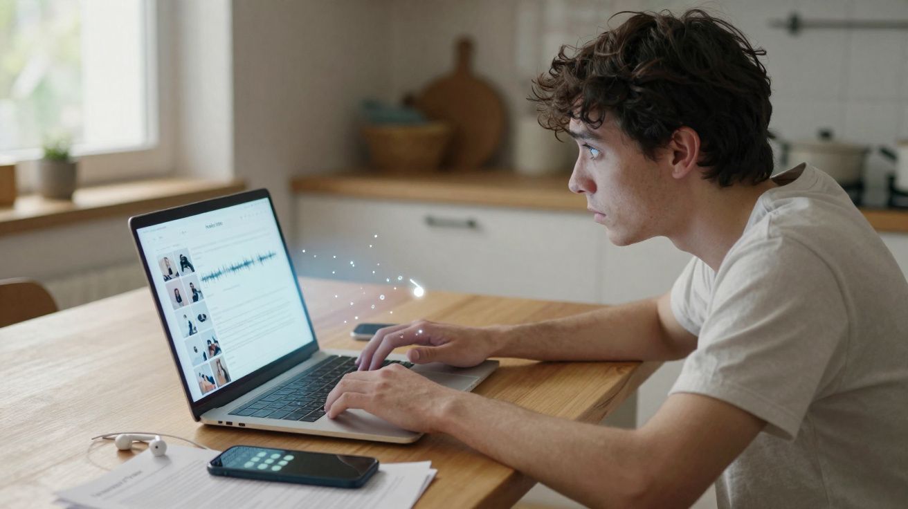 Homem jovem a trabalhar num laptop numa cozinha, com telemóvel e documentos na mesa.