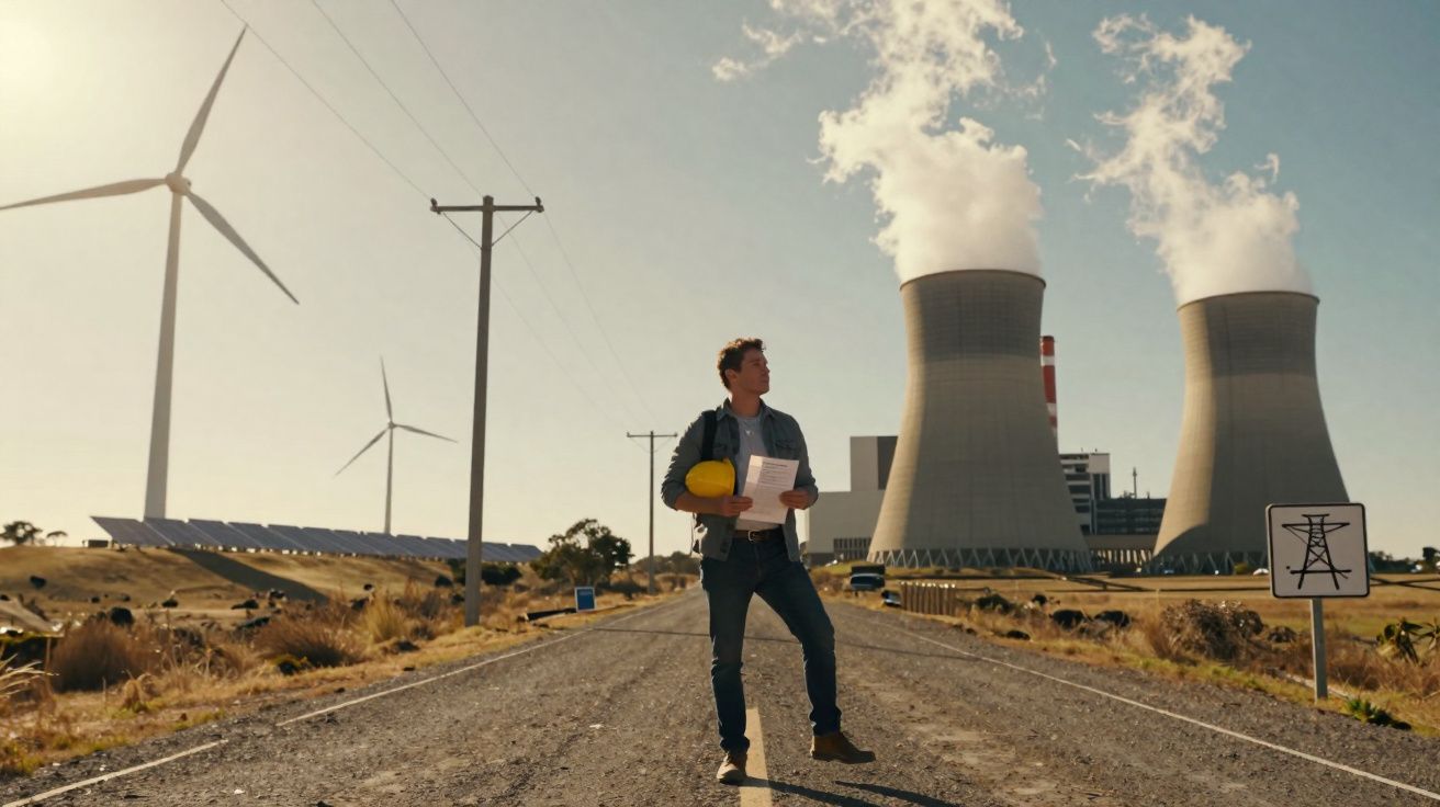 Engenheiro em estrada com capacete e documentos, ao lado de turbinas eólicas e centrais nucleares a funcionar.