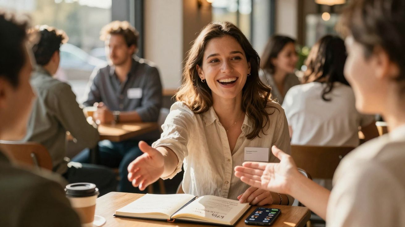 Mulher sorridente cumprimenta pessoa num café, com livro aberto e telemóvel na mesa à frente.
