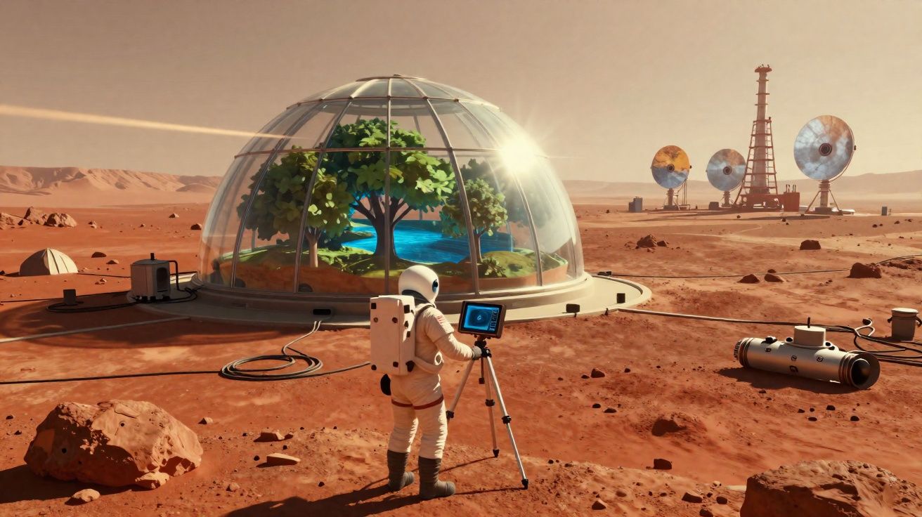Astronauta observa cúpula com árvores e água numa colónia em Marte árido e rochoso.