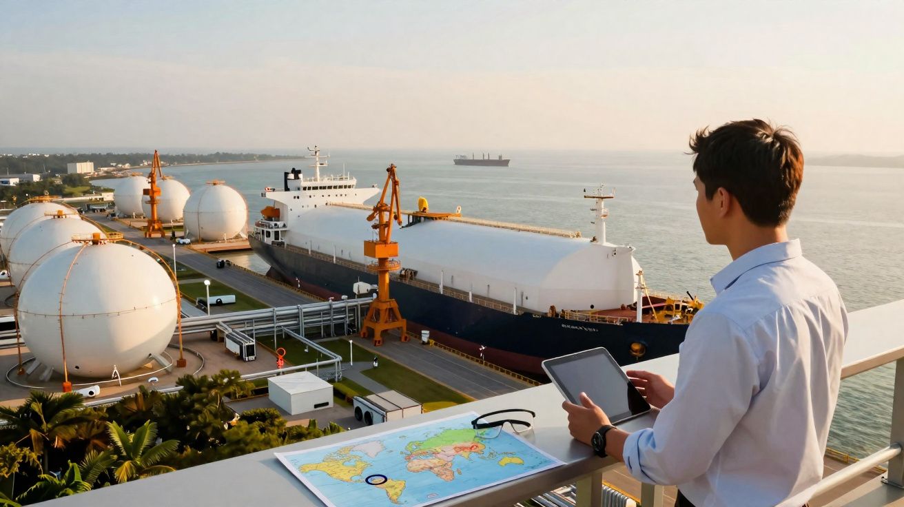 Homem com tablet observa navio e tanques esféricos num porto junto ao mar ao entardecer.