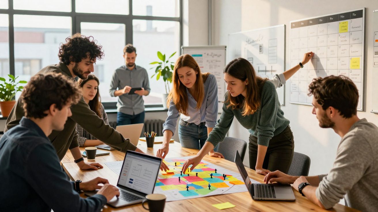 Grupo de jovens a trabalhar em equipa numa sala luminosa com quadros e laptops, planeando estratégia.