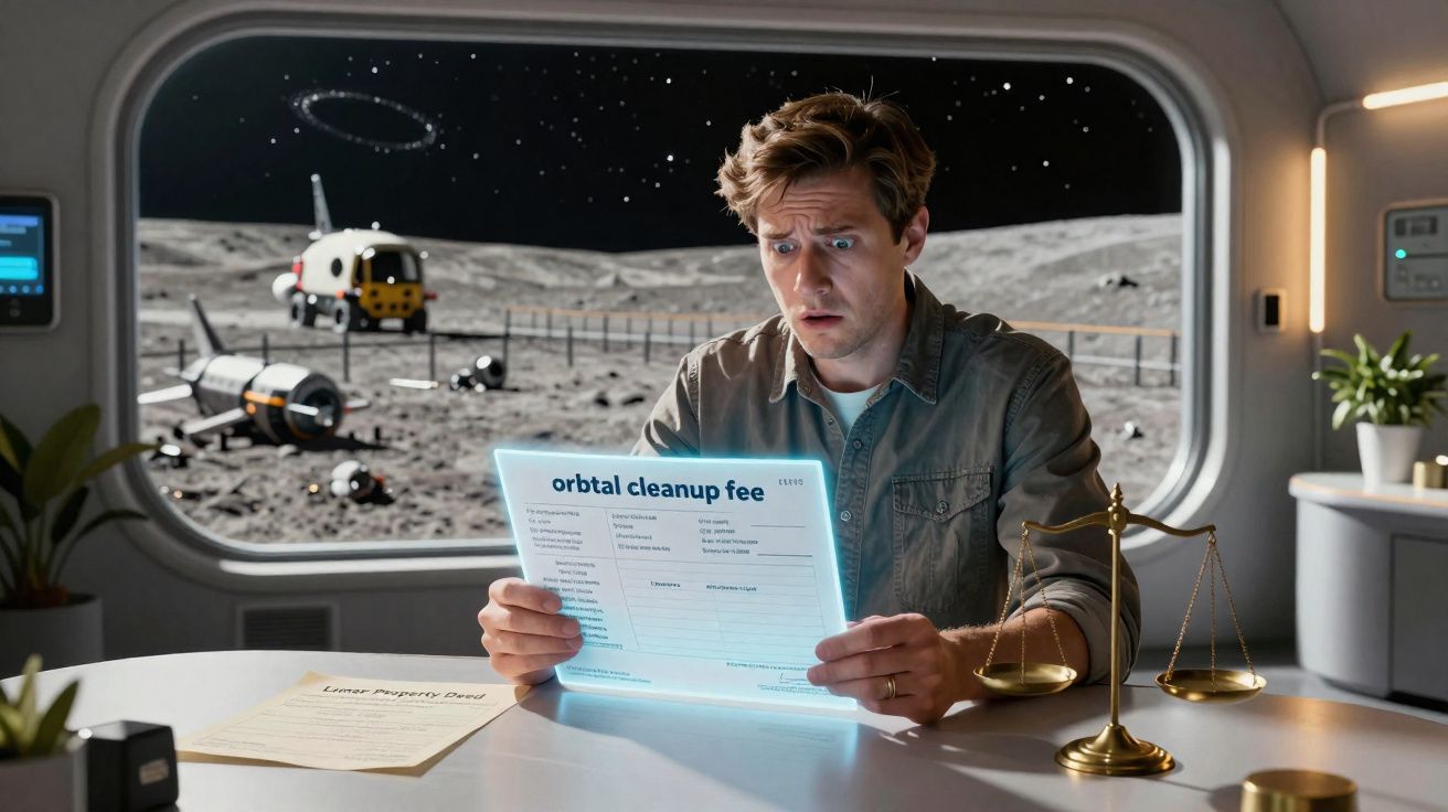 Homem preocupado lê conta holográfica de limpeza orbital numa base lunar com veículos e estrelas ao fundo.