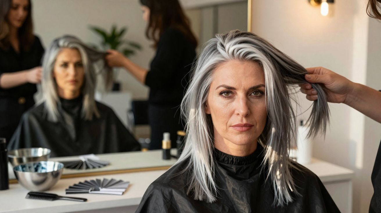 Mulher com cabelo cinzento em salão de beleza, sentada a ser penteada e olhando para a câmera.