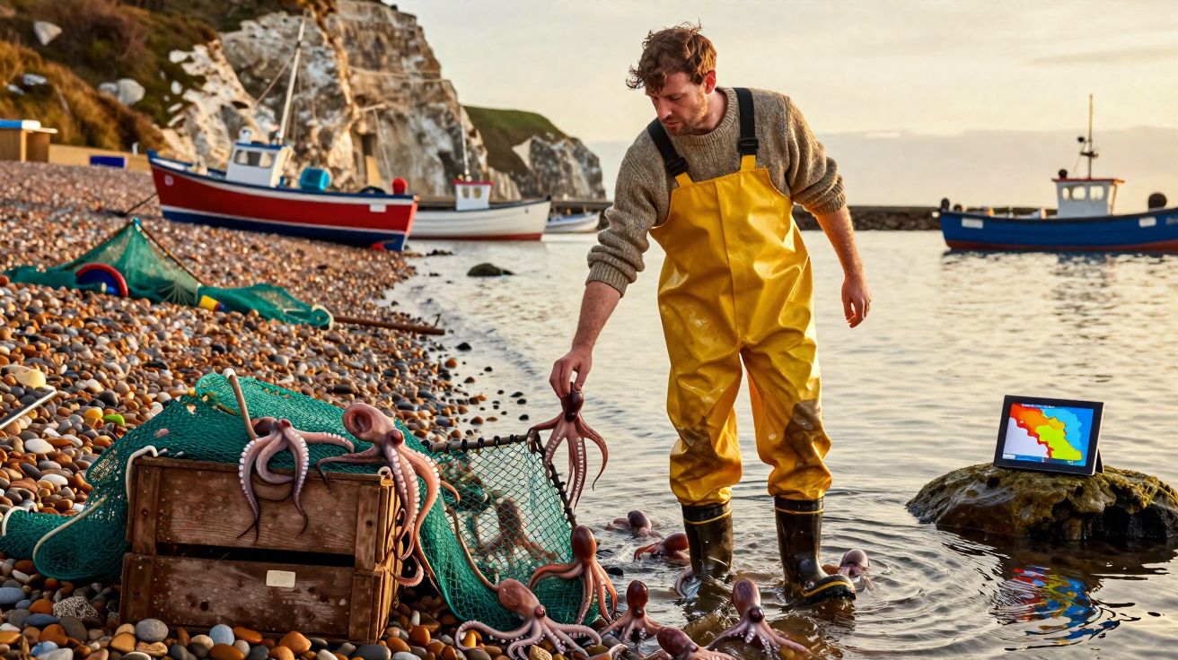 Pescador com fato amarelo recolhe polvos numa praia rochosa com barcos ancorados ao fundo ao pôr do sol.