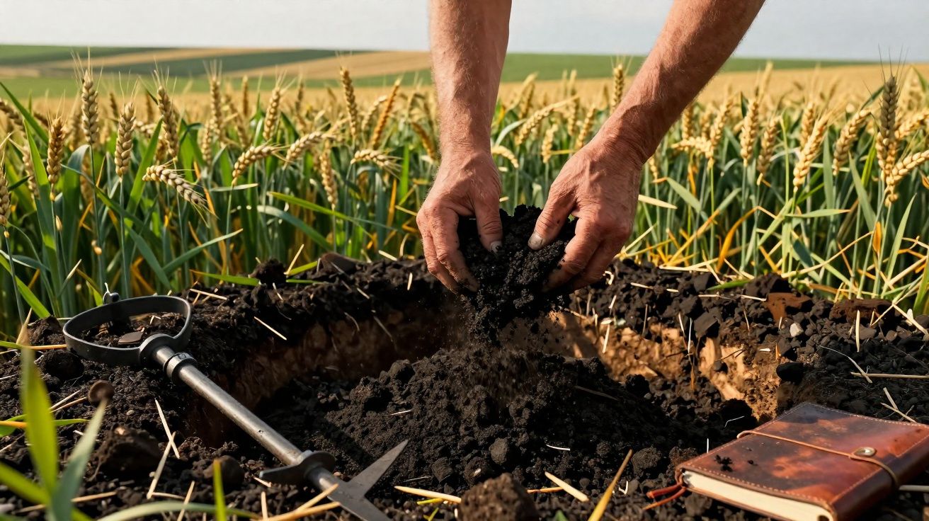 Mãos seguram terra preta junto a uma cova num campo de trigo com um caderno e ferramenta agrícola ao lado.