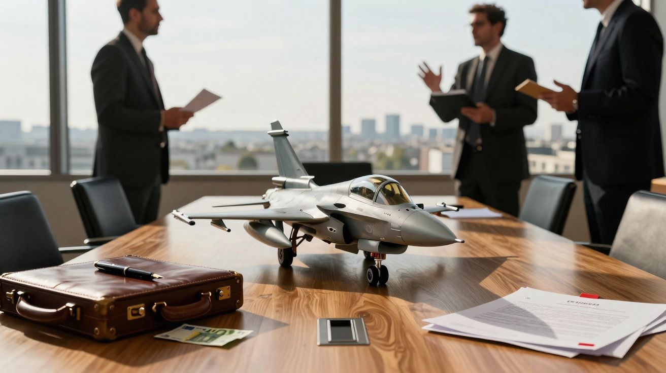 Modelo de avião militar num salão de reuniões com três homens de negócios em segundo plano.