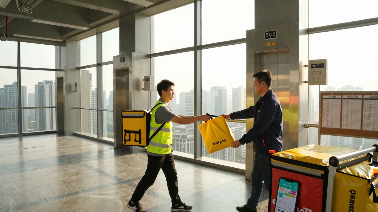 Entrega de comida em edifício moderno com vista panorâmica para arranha-céus urbanos.