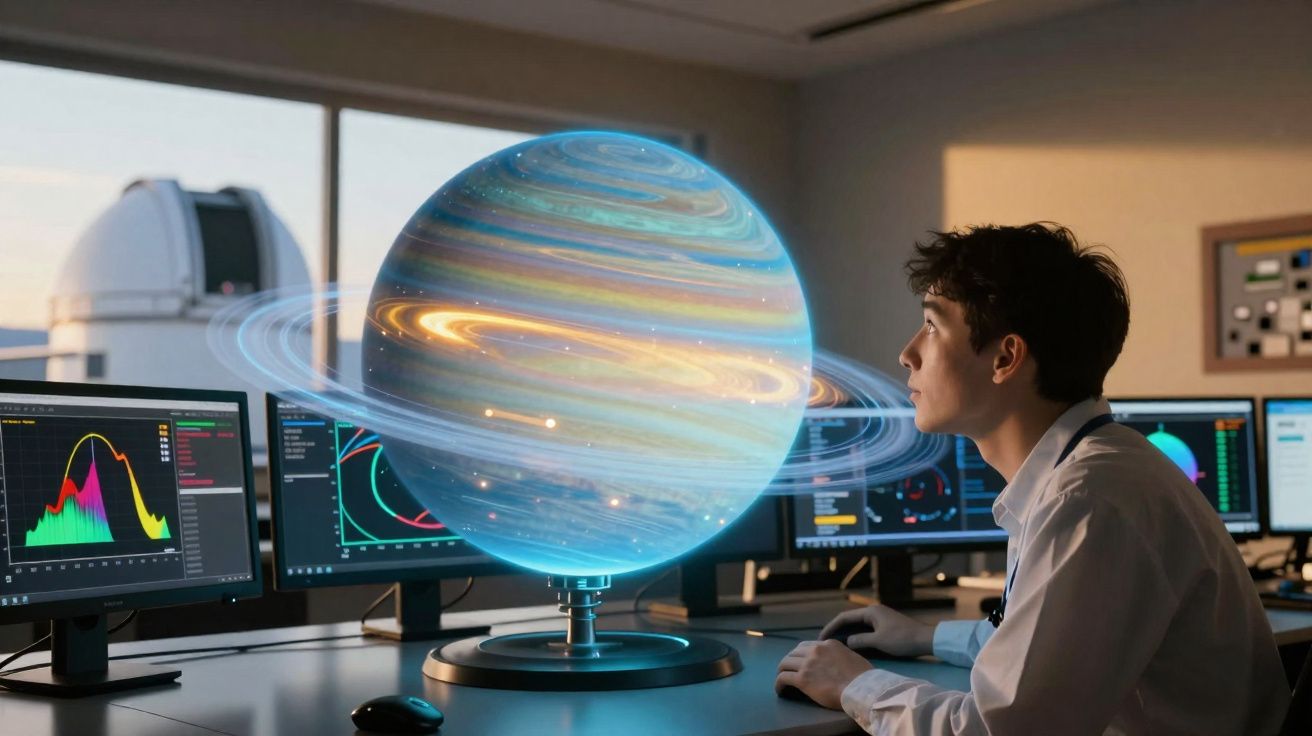 Jovem a observar holograma de planeta com anéis numa sala de controlo com ecrãs informáticos.