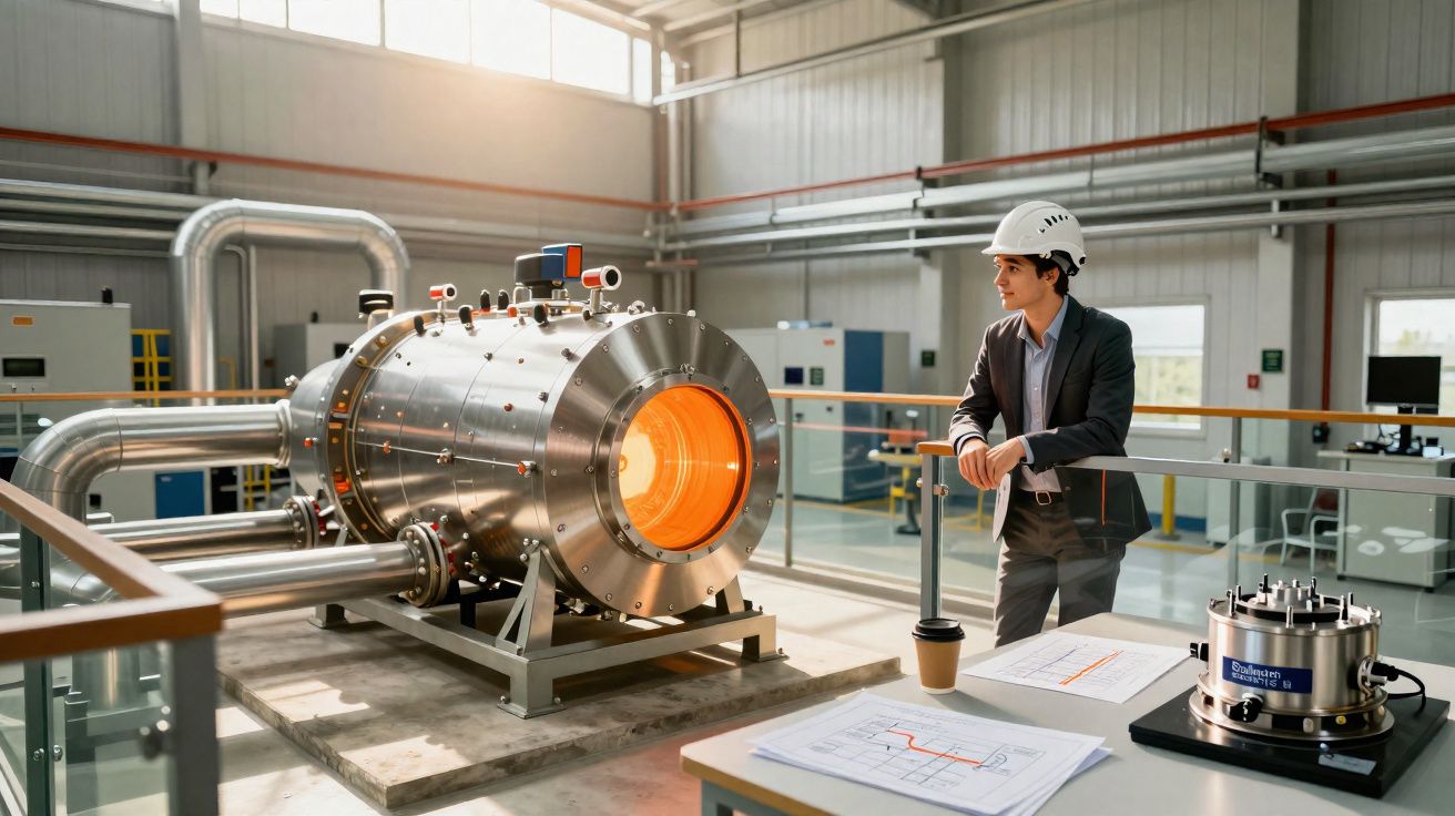 Engenheiro com capacete observa equipamento industrial metálico cilíndrico numa fábrica moderna.