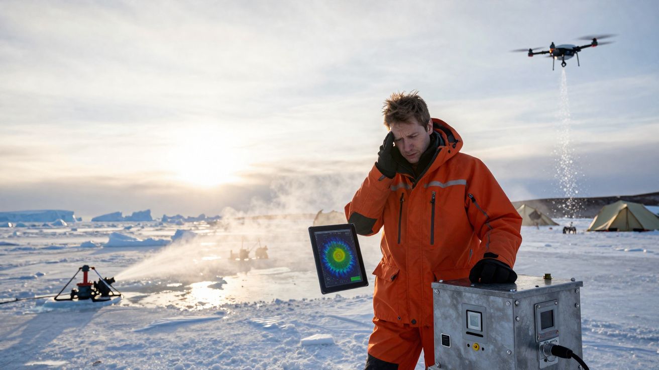 Homem de fato laranja opera equipamento tecnológico na neve com drone e geradores ao fundo num ambiente gelado.