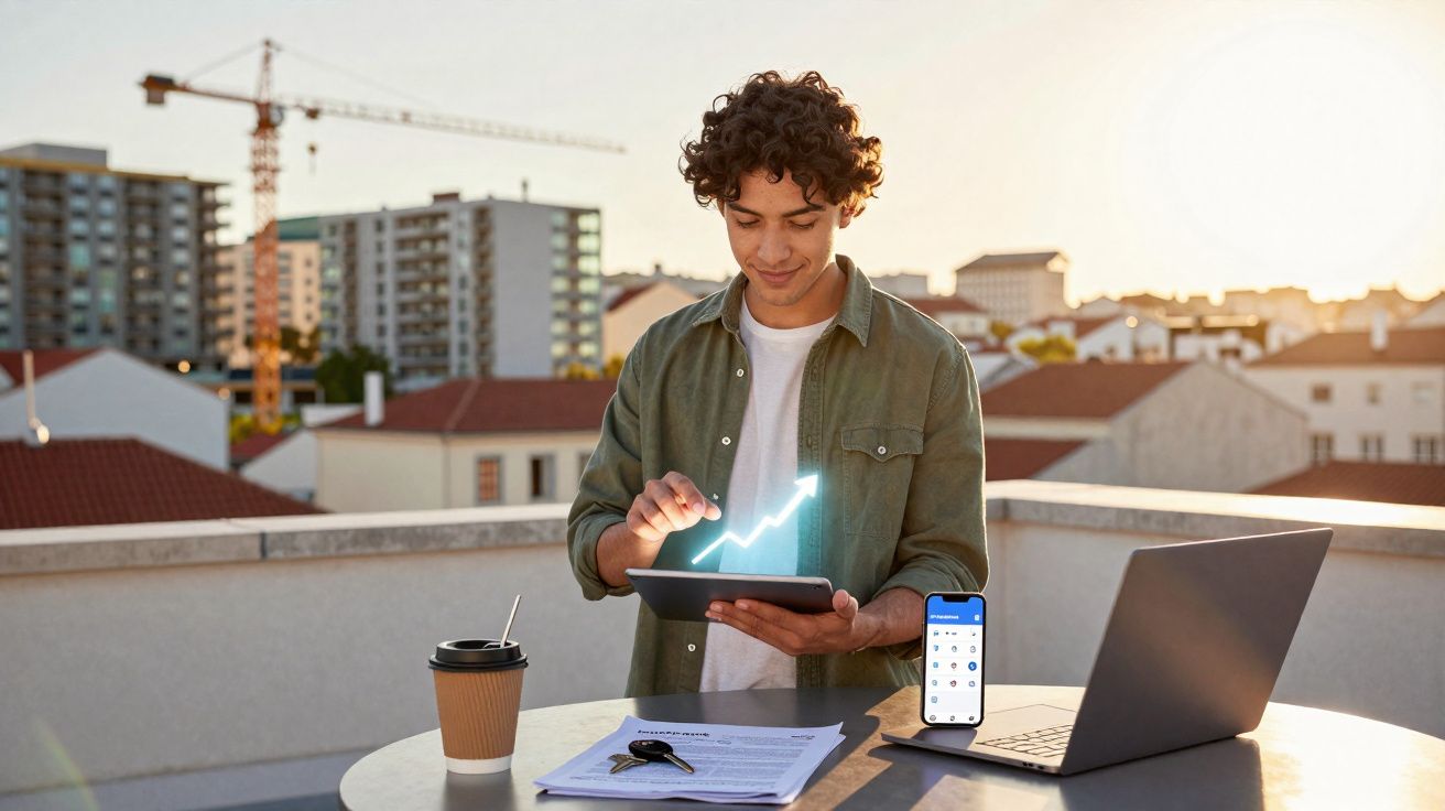 Jovem a usar tablet com gráficos digitais numa varanda, rodeado de computador, café e documentos.