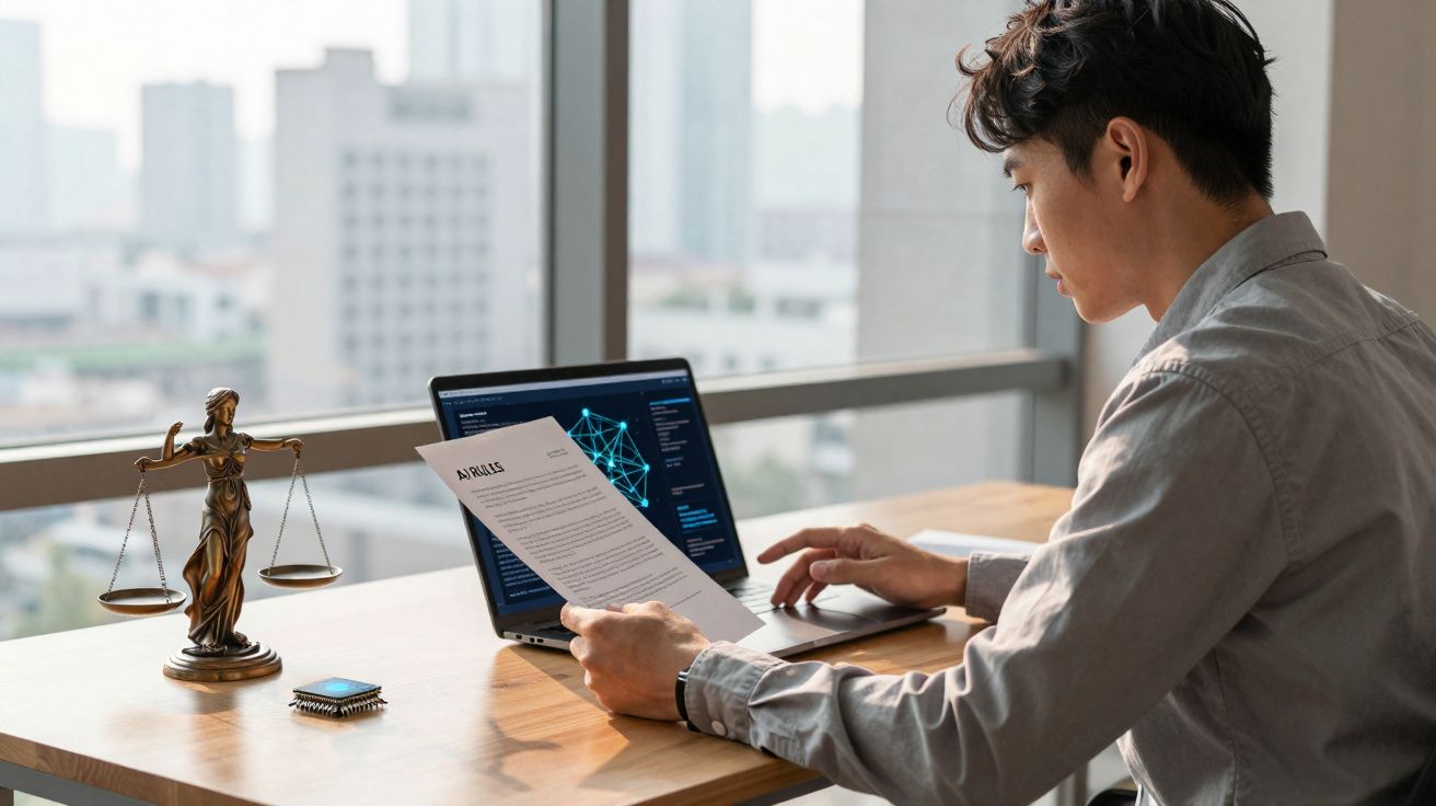 Homem a analisar documentos e a trabalhar num computador portátil numa mesa com estátua da justiça.