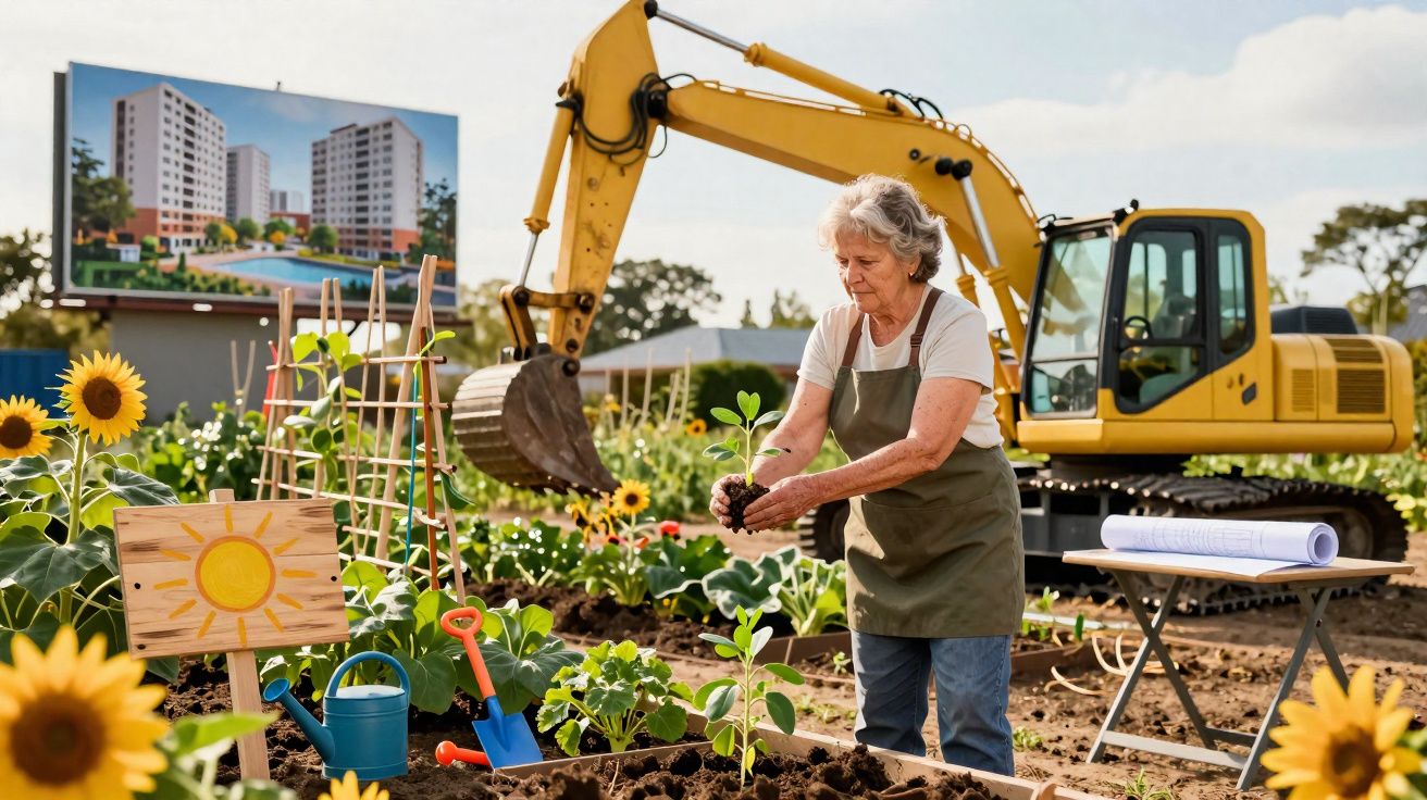 Mulher idosa a plantar muda num jardim com girassóis, com escavadora e maquetes de edifícios ao fundo.