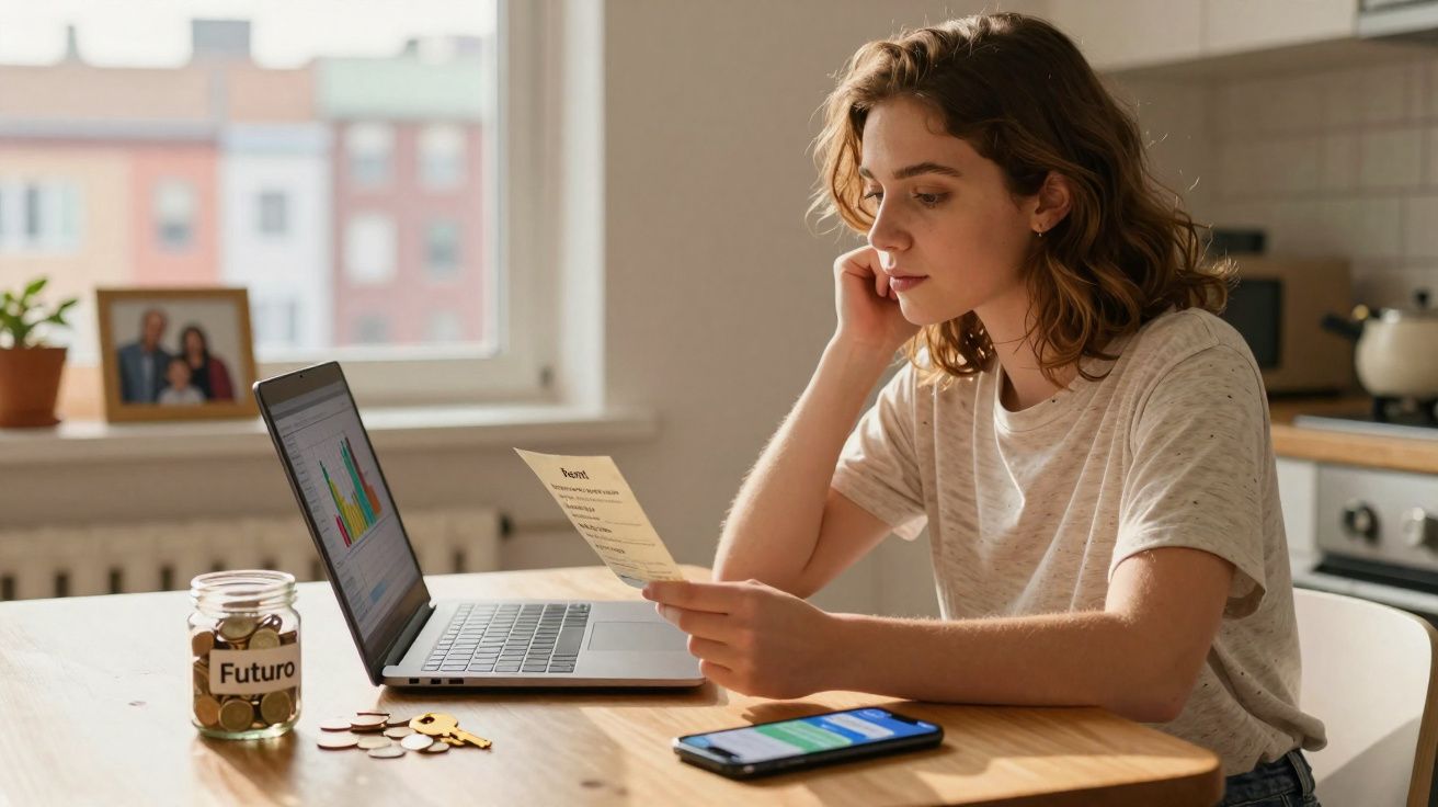 Mulher jovem consulta contas sentada à mesa com laptop, smartphone, moedas e mealheiro com etiqueta "Futuro".