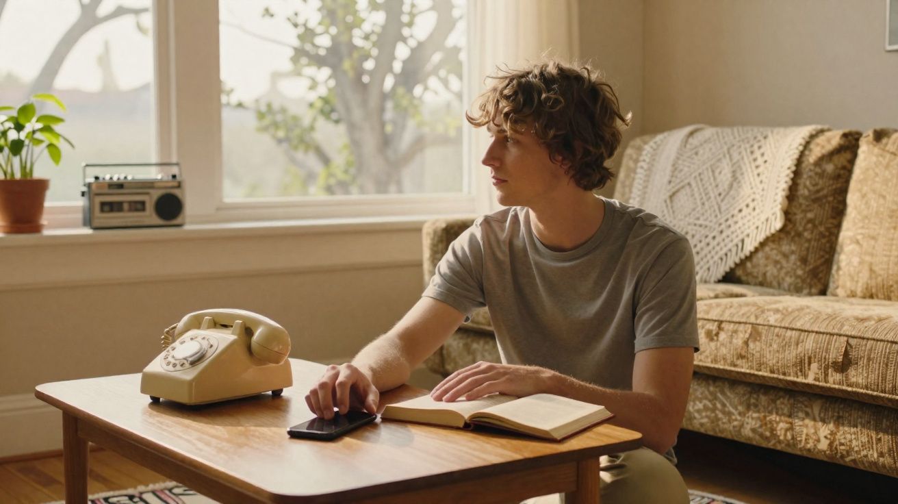 Jovem sentado numa sala com livro aberto na mesa, a olhar para a janela ao lado de um telefone vintage.